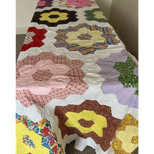 MCM Vintage Colorful Handmade Quilt Octagon Mixed Material 60x94 Flower